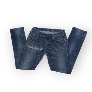 Dark Wash Distressed Holey Low Rise Straight Leg Jeans Vigoss Collection Size 9